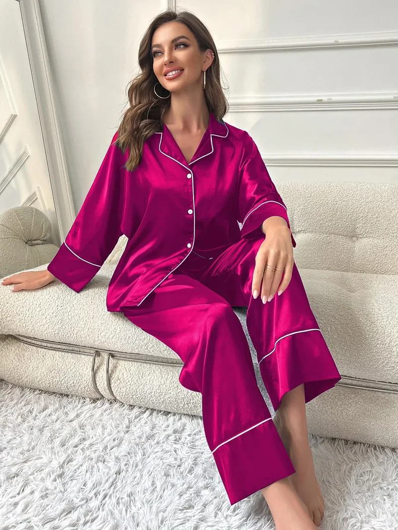 Women's Pajama Set Sleepwear Suit Loungewear Pj Set Satin Long Sleeve Tops With Pants 2 Pieces Pjs Pajamas for Women Pyjama