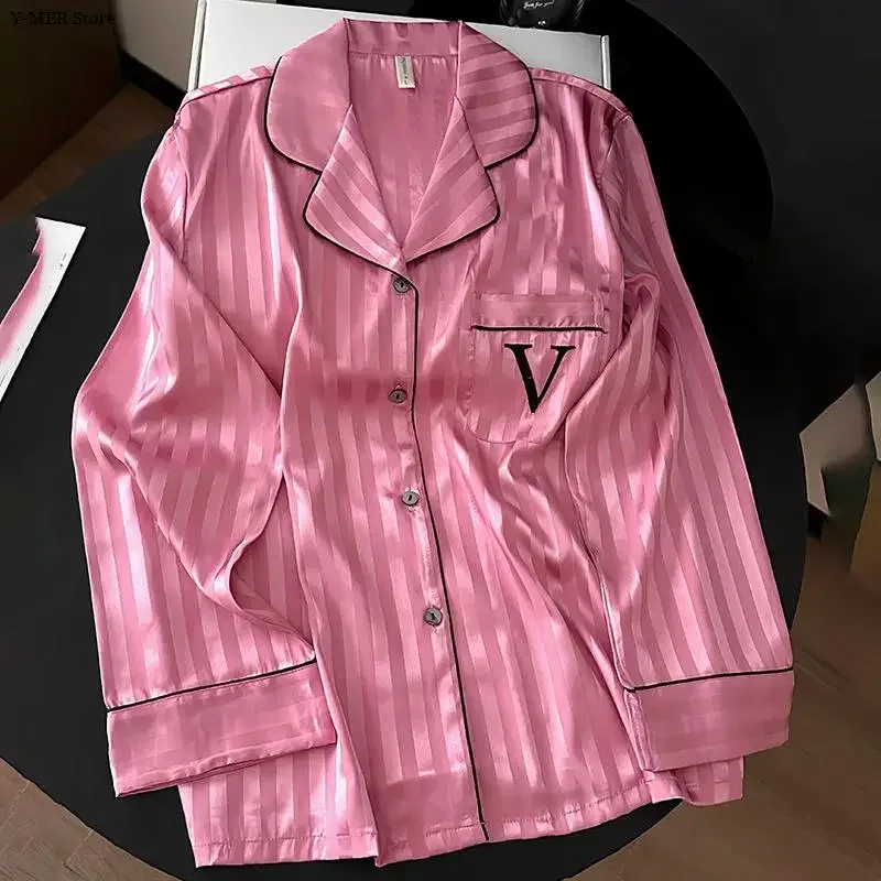 2025 Women Stripe Print Satin Pajama Ladies Pyjamas Loungewear Set Long Sleeve Buttons Lapel Tops & Pants Pijamas De Mujer
