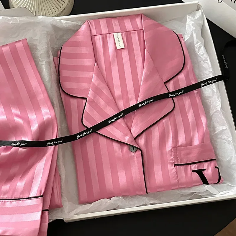 2025 Women Stripe Print Satin Pajama Ladies Pyjamas Loungewear Set Long Sleeve Buttons Lapel Tops & Pants Pijamas De Mujer