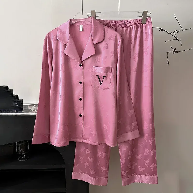 2025 Women Stripe Print Satin Pajama Ladies Pyjamas Loungewear Set Long Sleeve Buttons Lapel Tops & Pants Pijamas De Mujer