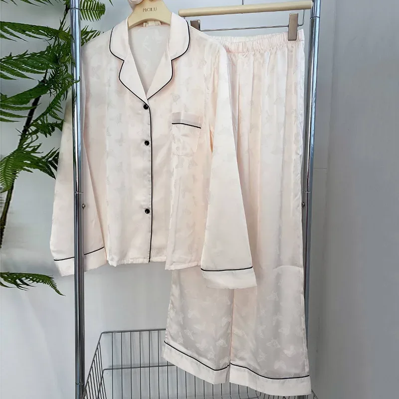 2025 Women Stripe Print Satin Pajama Ladies Pyjamas Loungewear Set Long Sleeve Buttons Lapel Tops & Pants Pijamas De Mujer