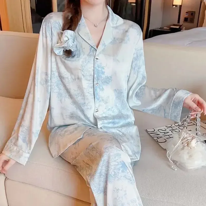 2025 Women Stripe Print Satin Pajama Ladies Pyjamas Loungewear Set Long Sleeve Buttons Lapel Tops & Pants Pijamas De Mujer