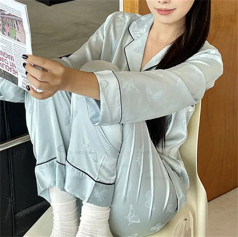 2025 Women Stripe Print Satin Pajama Ladies Pyjamas Loungewear Set Long Sleeve Buttons Lapel Tops & Pants Pijamas De Mujer