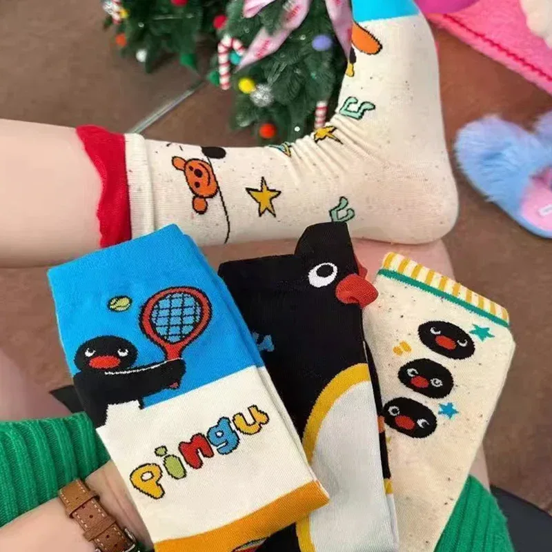 1/2Pairs Autumn and Winter Season Trendy Cartoon Cute Original Versatile Animal Colorful Pattern Simple Penguin Middle Socks
