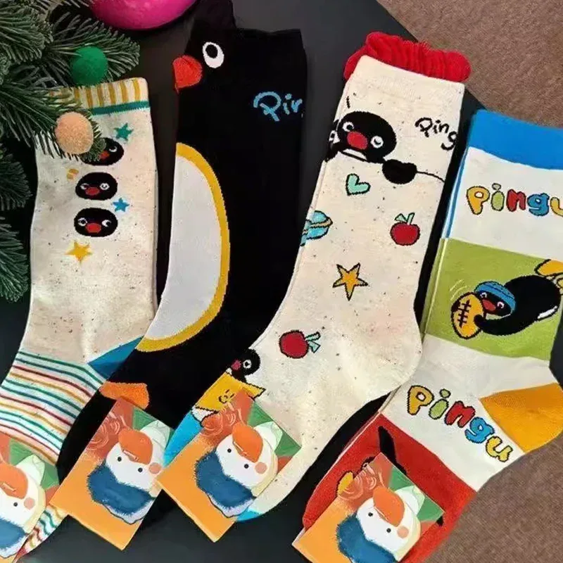 1/2Pairs Autumn and Winter Season Trendy Cartoon Cute Original Versatile Animal Colorful Pattern Simple Penguin Middle Socks