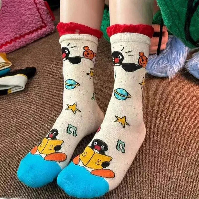 1/2Pairs Autumn and Winter Season Trendy Cartoon Cute Original Versatile Animal Colorful Pattern Simple Penguin Middle Socks