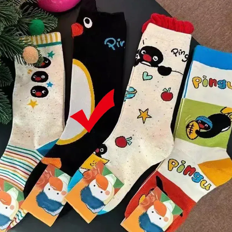 1/2Pairs Autumn and Winter Season Trendy Cartoon Cute Original Versatile Animal Colorful Pattern Simple Penguin Middle Socks