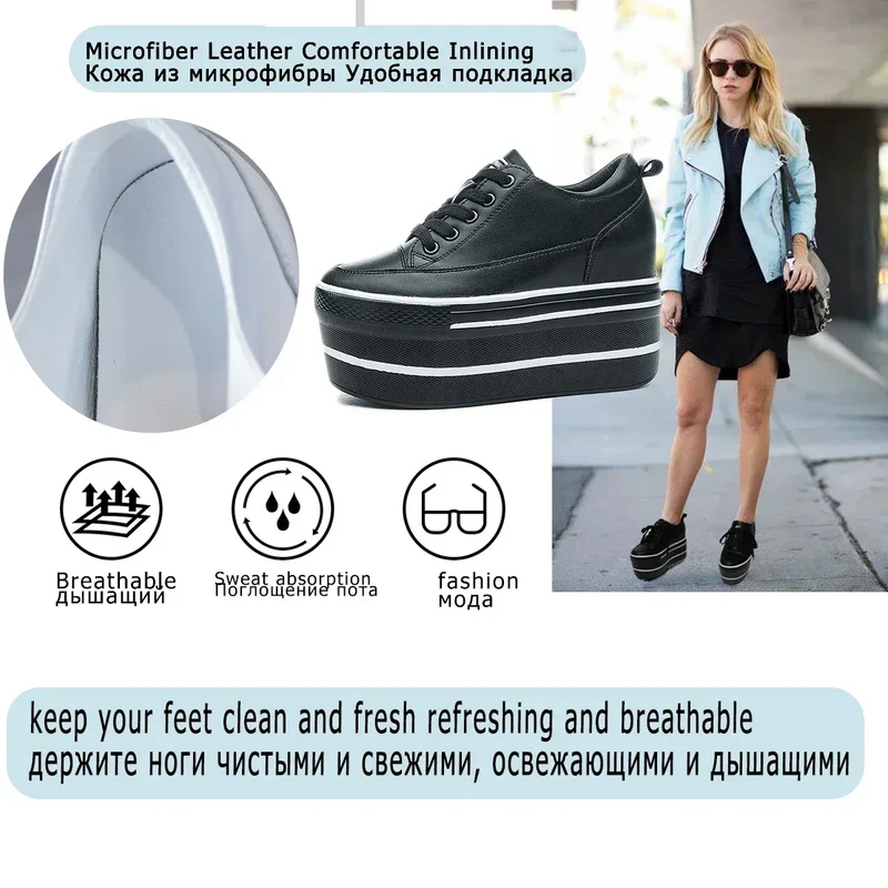 Fujin 10.5cm High Thick Heel Platform Flats Women Casual Shoes Genuine Leather Soft Quality Casual Shoe Sneakers White Black