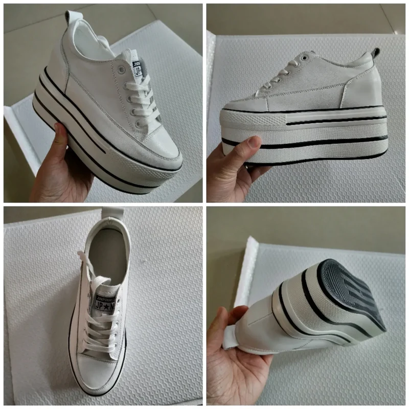 Fujin 10.5cm High Thick Heel Platform Flats Women Casual Shoes Genuine Leather Soft Quality Casual Shoe Sneakers White Black