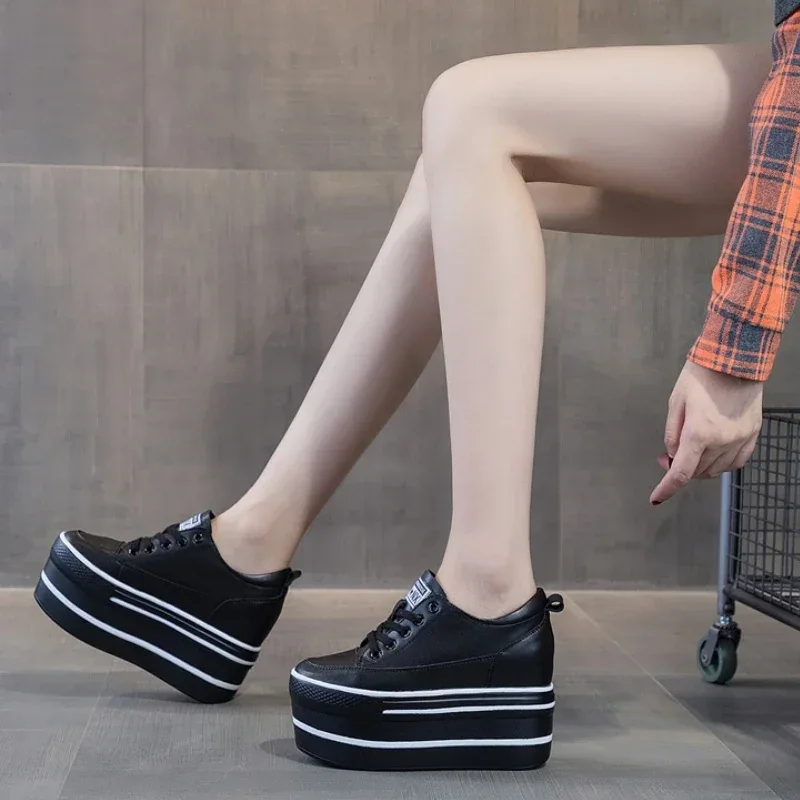 Fujin 10.5cm High Thick Heel Platform Flats Women Casual Shoes Genuine Leather Soft Quality Casual Shoe Sneakers White Black