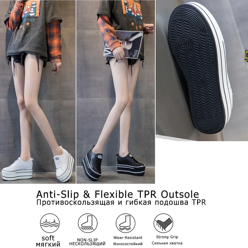 Fujin 10.5cm High Thick Heel Platform Flats Women Casual Shoes Genuine Leather Soft Quality Casual Shoe Sneakers White Black