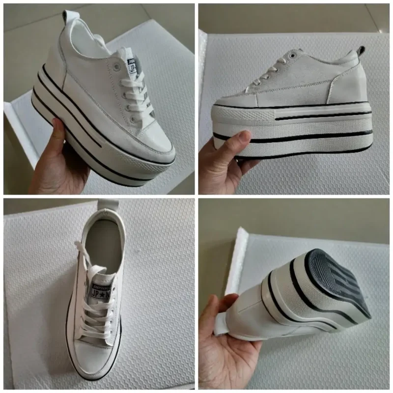 Fujin 10.5cm High Thick Heel Platform Flats Women Casual Shoes Genuine Leather Soft Quality Casual Shoe Sneakers White Black