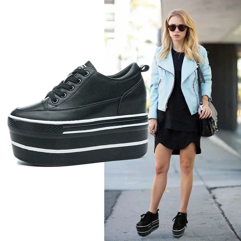 Fujin 10.5cm High Thick Heel Platform Flats Women Casual Shoes Genuine Leather Soft Quality Casual Shoe Sneakers White Black