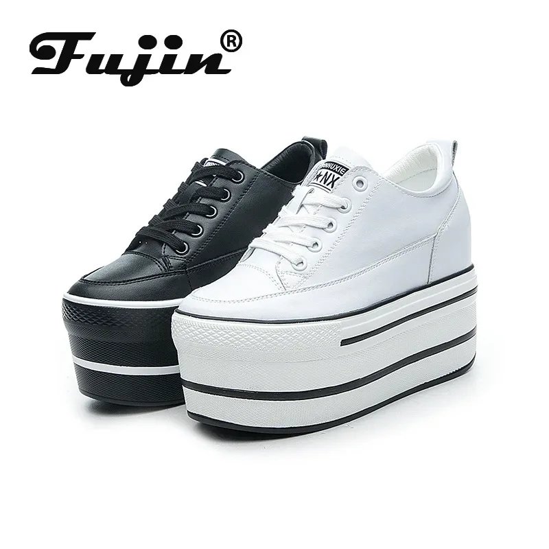 Fujin 10.5cm High Thick Heel Platform Flats Women Casual Shoes Genuine Leather Soft Quality Casual Shoe Sneakers White Black