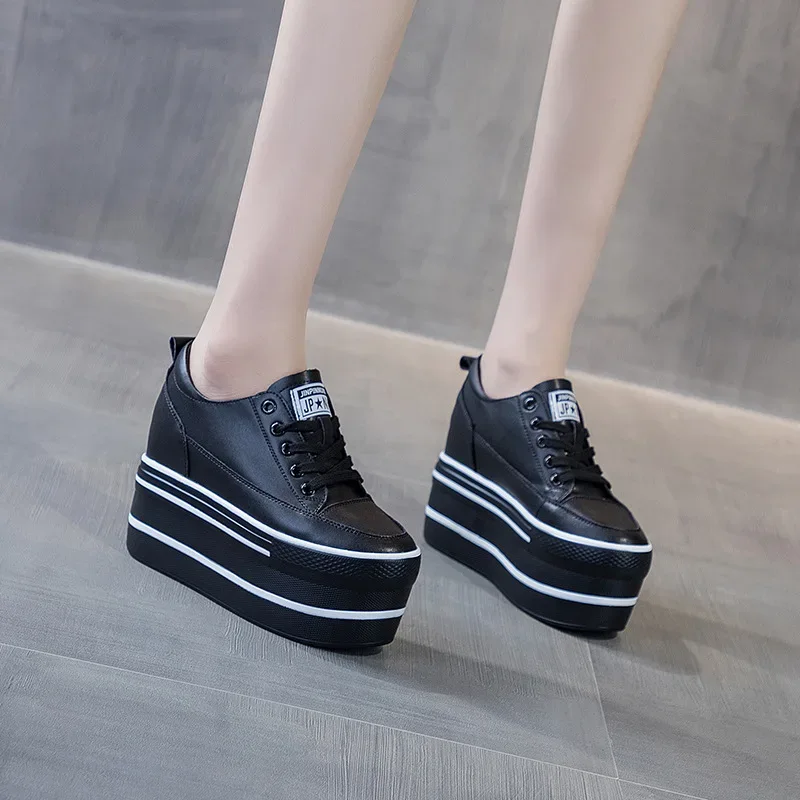 Fujin 10.5cm High Thick Heel Platform Flats Women Casual Shoes Genuine Leather Soft Quality Casual Shoe Sneakers White Black