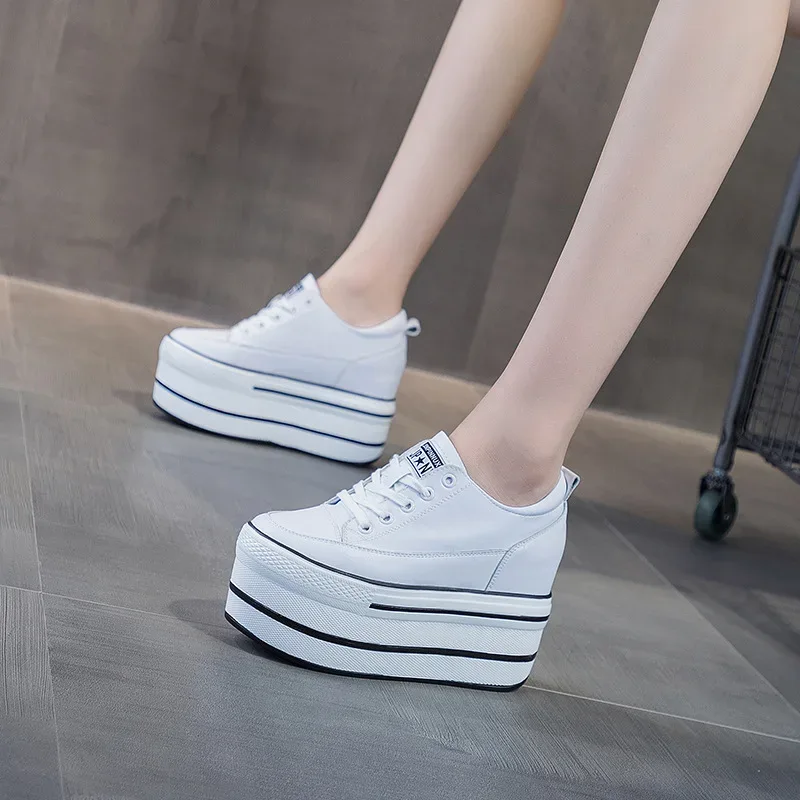 Fujin 10.5cm High Thick Heel Platform Flats Women Casual Shoes Genuine Leather Soft Quality Casual Shoe Sneakers White Black