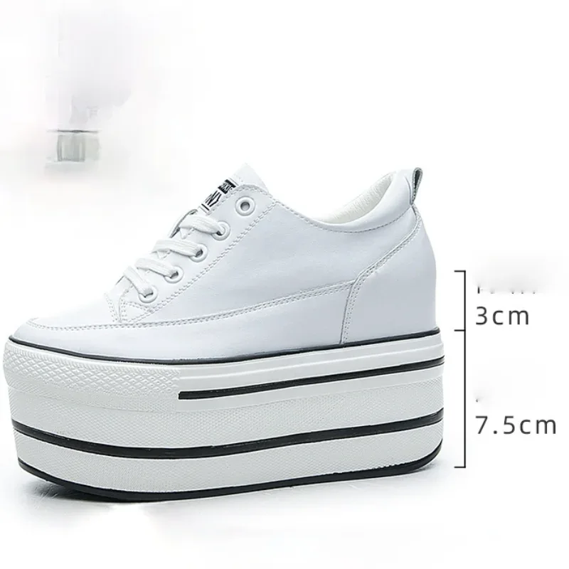 Fujin 10.5cm High Thick Heel Platform Flats Women Casual Shoes Genuine Leather Soft Quality Casual Shoe Sneakers White Black