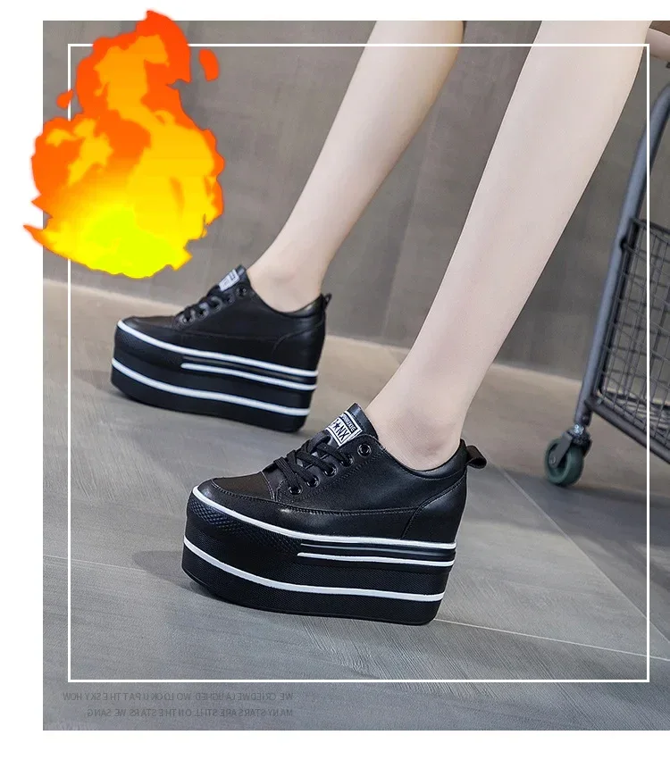 Fujin 10.5cm High Thick Heel Platform Flats Women Casual Shoes Genuine Leather Soft Quality Casual Shoe Sneakers White Black