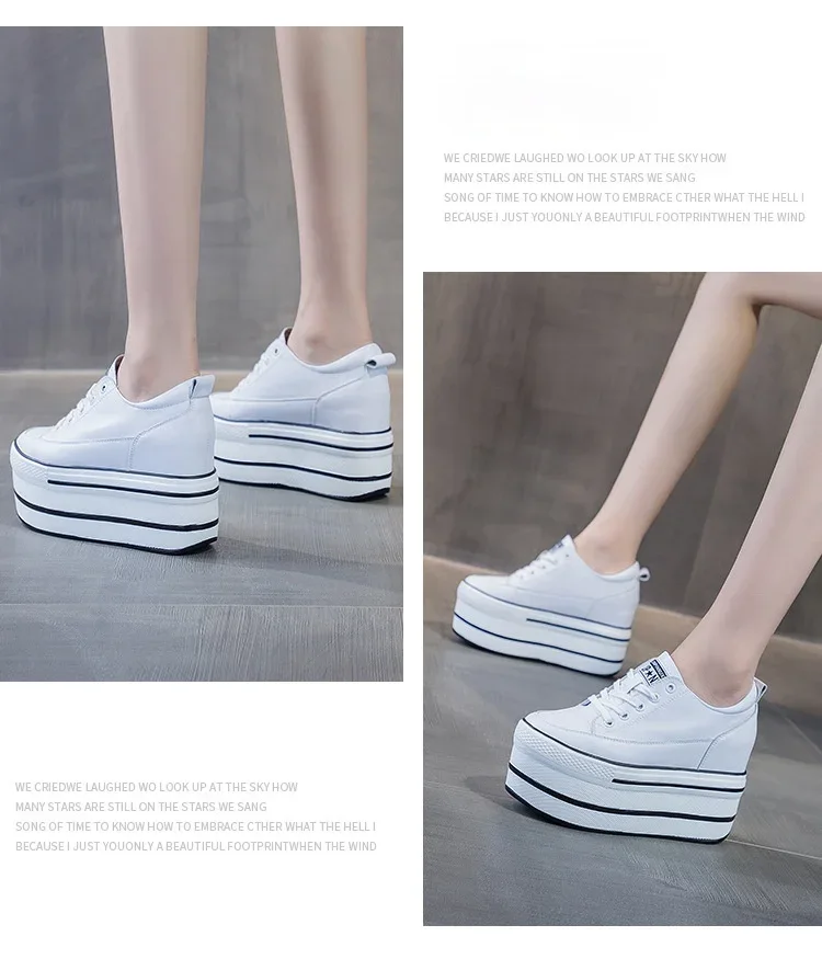 Fujin 10.5cm High Thick Heel Platform Flats Women Casual Shoes Genuine Leather Soft Quality Casual Shoe Sneakers White Black