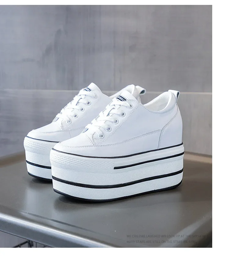 Fujin 10.5cm High Thick Heel Platform Flats Women Casual Shoes Genuine Leather Soft Quality Casual Shoe Sneakers White Black