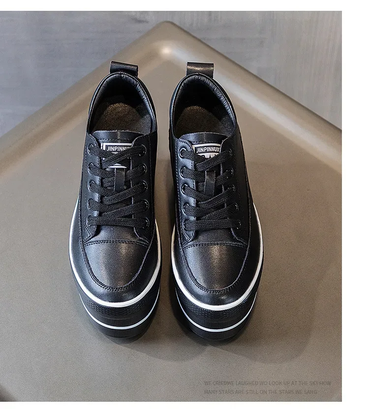 Fujin 10.5cm High Thick Heel Platform Flats Women Casual Shoes Genuine Leather Soft Quality Casual Shoe Sneakers White Black