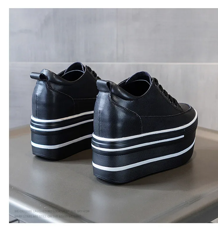 Fujin 10.5cm High Thick Heel Platform Flats Women Casual Shoes Genuine Leather Soft Quality Casual Shoe Sneakers White Black
