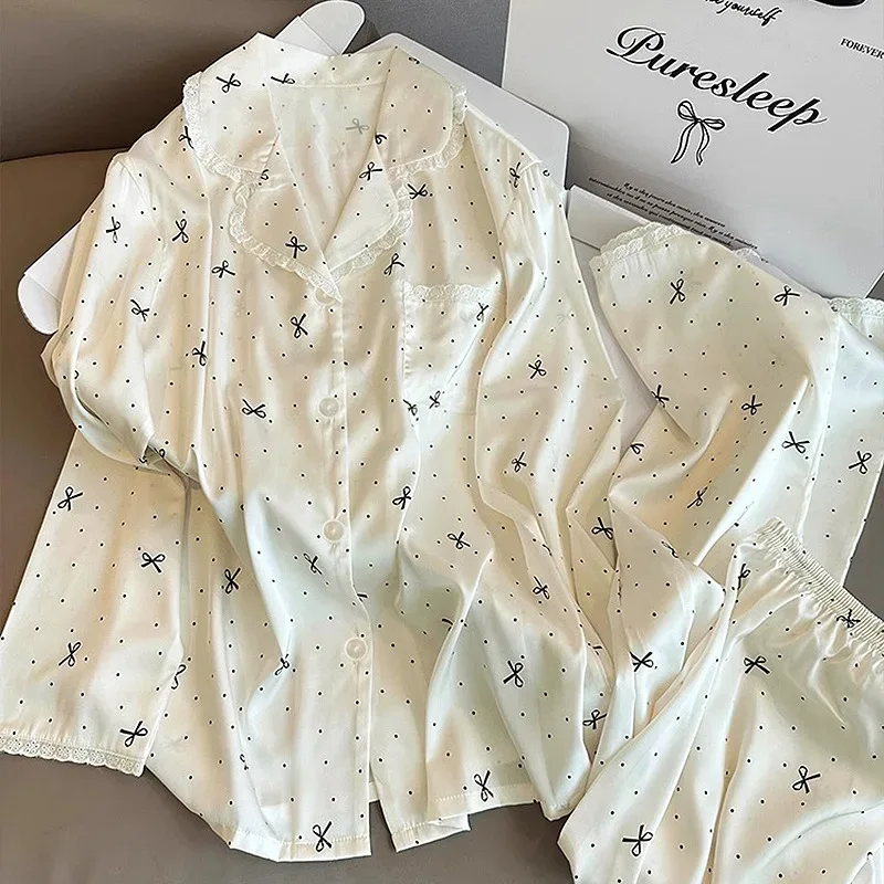 French-Inspired Chic, High-Fashion Aesthetic Instagram-Worthy Bow-Adorned Ice-Silk Lace-Trimmed Long-Sleeved Trouser Pyjamas