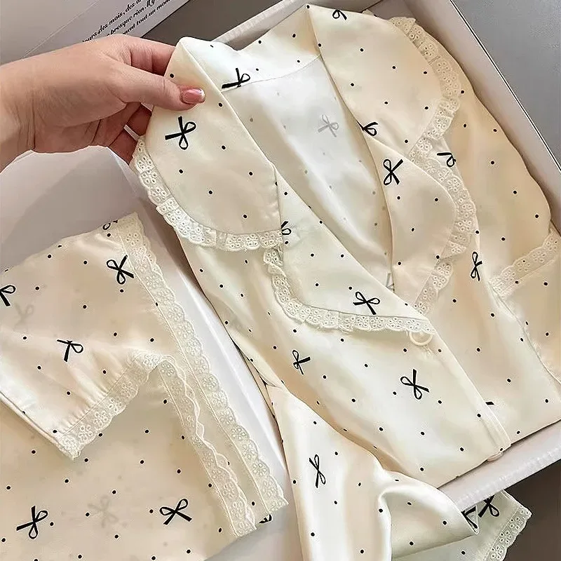 French-Inspired Chic, High-Fashion Aesthetic Instagram-Worthy Bow-Adorned Ice-Silk Lace-Trimmed Long-Sleeved Trouser Pyjamas