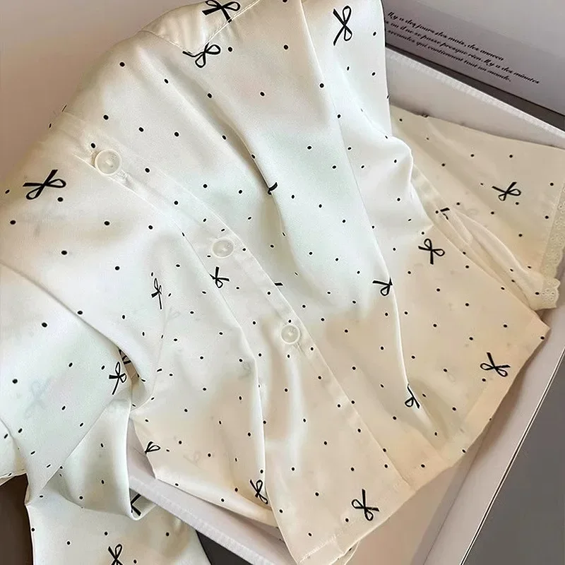 French-Inspired Chic, High-Fashion Aesthetic Instagram-Worthy Bow-Adorned Ice-Silk Lace-Trimmed Long-Sleeved Trouser Pyjamas