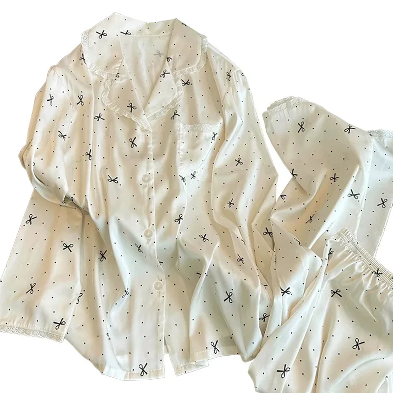 French-Inspired Chic, High-Fashion Aesthetic Instagram-Worthy Bow-Adorned Ice-Silk Lace-Trimmed Long-Sleeved Trouser Pyjamas
