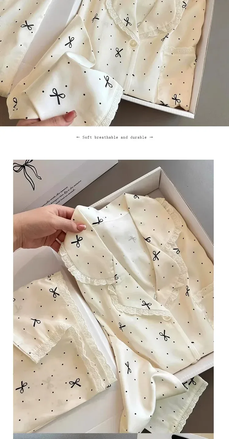 French-Inspired Chic, High-Fashion Aesthetic Instagram-Worthy Bow-Adorned Ice-Silk Lace-Trimmed Long-Sleeved Trouser Pyjamas