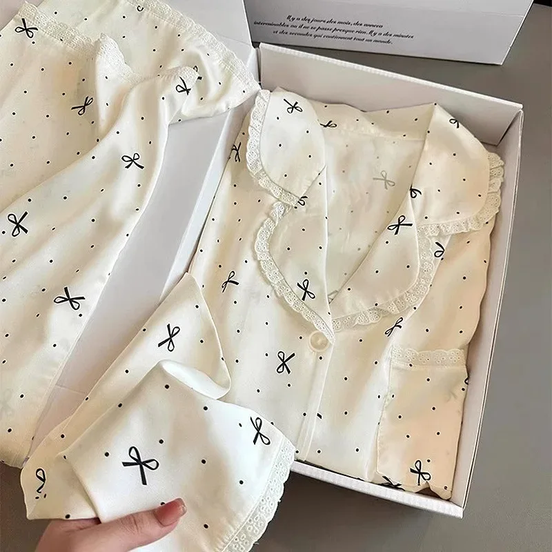 French-Inspired Chic, High-Fashion Aesthetic Instagram-Worthy Bow-Adorned Ice-Silk Lace-Trimmed Long-Sleeved Trouser Pyjamas