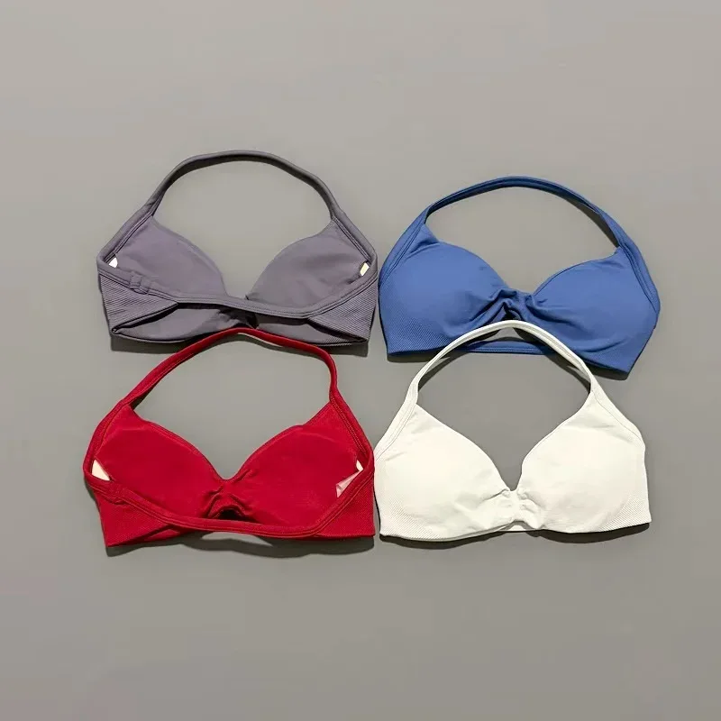 HISTELLO Strappy Bra Gym Top Women High Support Thin Strap Halter Sports Seamless Bras Scrunch Push-up Workout Yoga Tank Tops