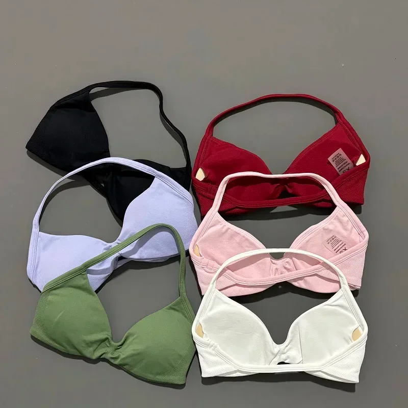 HISTELLO Strappy Bra Gym Top Women High Support Thin Strap Halter Sports Seamless Bras Scrunch Push-up Workout Yoga Tank Tops