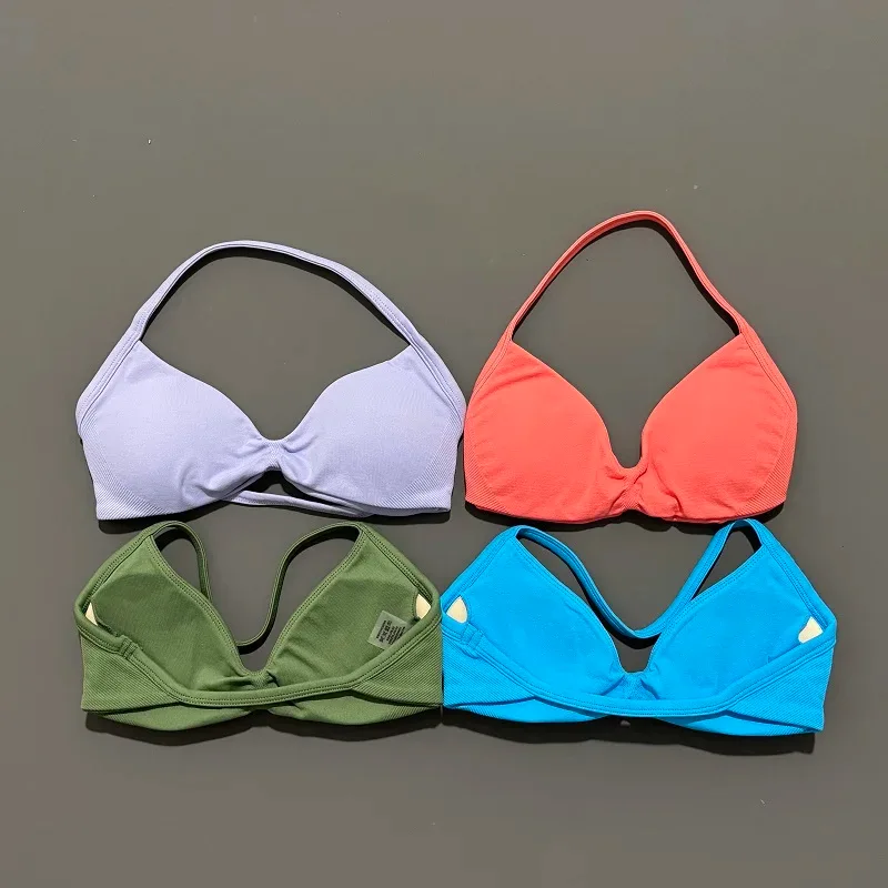 HISTELLO Strappy Bra Gym Top Women High Support Thin Strap Halter Sports Seamless Bras Scrunch Push-up Workout Yoga Tank Tops
