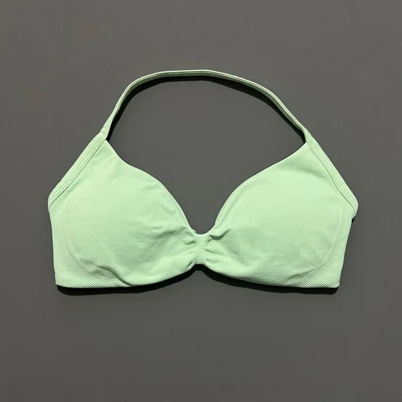 HISTELLO Strappy Bra Gym Top Women High Support Thin Strap Halter Sports Seamless Bras Scrunch Push-up Workout Yoga Tank Tops