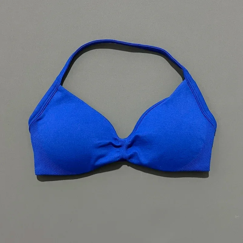 HISTELLO Strappy Bra Gym Top Women High Support Thin Strap Halter Sports Seamless Bras Scrunch Push-up Workout Yoga Tank Tops
