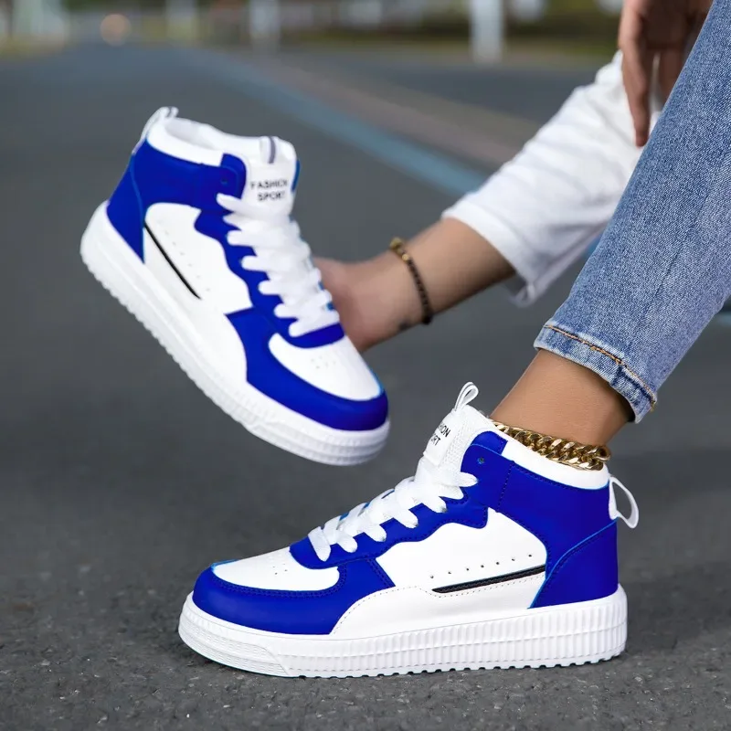 HKDQ Blue High Top Sneakers Unisex Non Slip Platform Men's Skate Shoes Spring Autumn Casual Leather Skateboard Shoes For Women