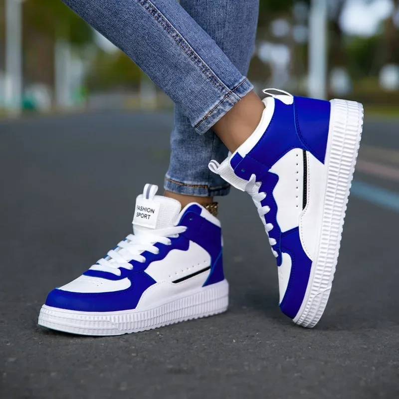 HKDQ Blue High Top Sneakers Unisex Non Slip Platform Men's Skate Shoes Spring Autumn Casual Leather Skateboard Shoes For Women