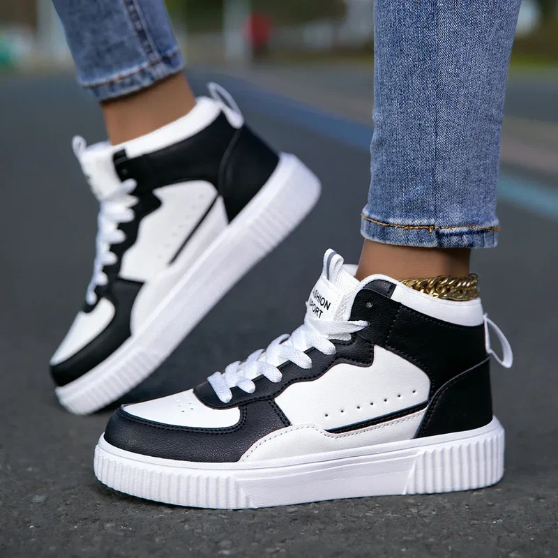 HKDQ Blue High Top Sneakers Unisex Non Slip Platform Men's Skate Shoes Spring Autumn Casual Leather Skateboard Shoes For Women