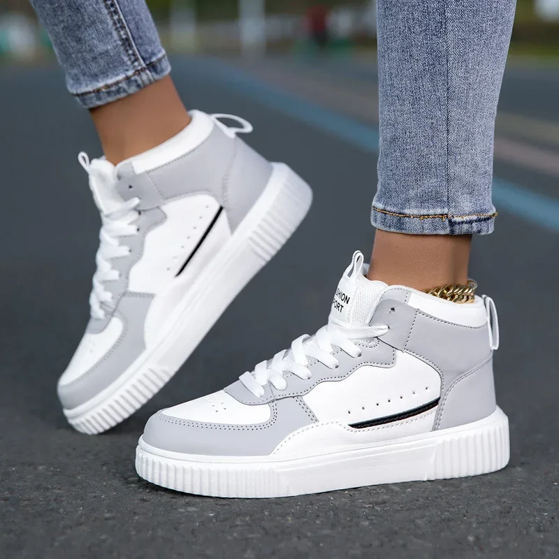 HKDQ Blue High Top Sneakers Unisex Non Slip Platform Men's Skate Shoes Spring Autumn Casual Leather Skateboard Shoes For Women