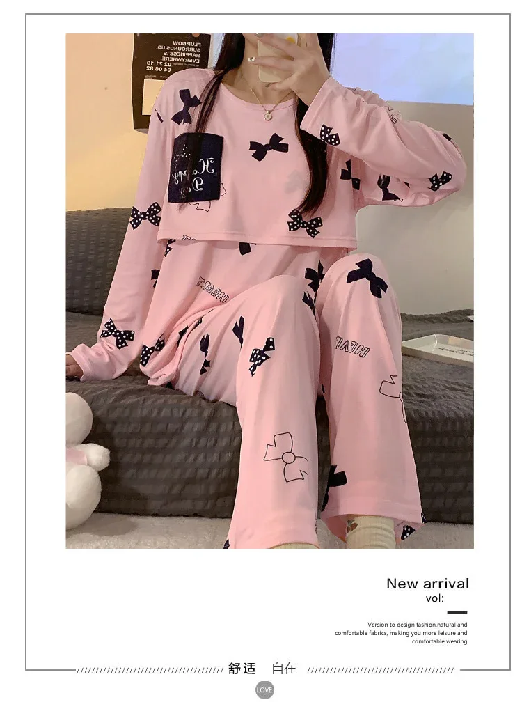 Women Nursing Pyjamas Homewear Spring Autumn Maternity Pajamas Set Cute Breastfeeding Clothes Long-sleeved Pregnancy Sleepwear