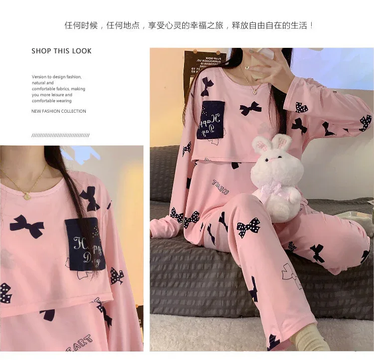 Women Nursing Pyjamas Homewear Spring Autumn Maternity Pajamas Set Cute Breastfeeding Clothes Long-sleeved Pregnancy Sleepwear