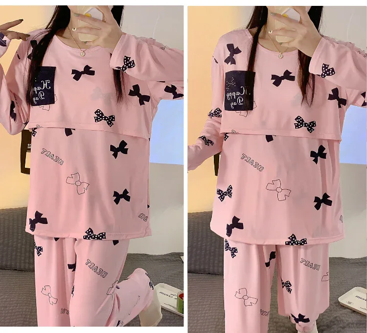 Women Nursing Pyjamas Homewear Spring Autumn Maternity Pajamas Set Cute Breastfeeding Clothes Long-sleeved Pregnancy Sleepwear