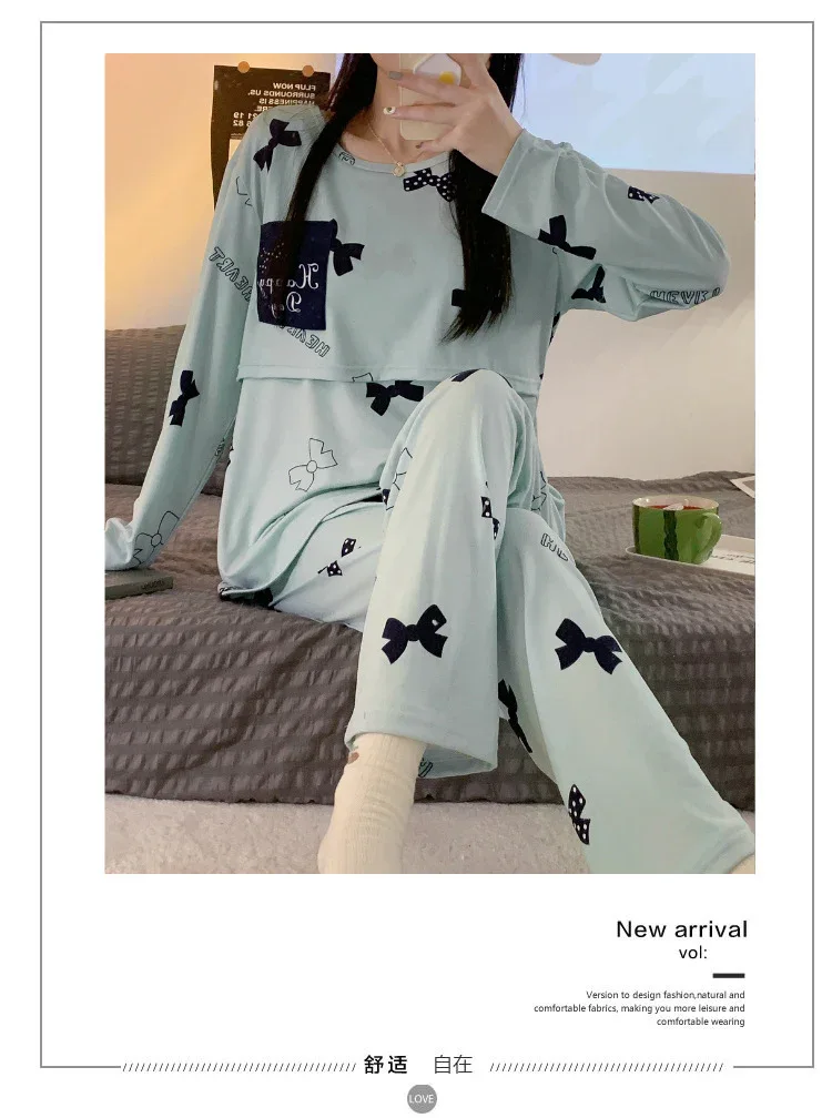 Women Nursing Pyjamas Homewear Spring Autumn Maternity Pajamas Set Cute Breastfeeding Clothes Long-sleeved Pregnancy Sleepwear