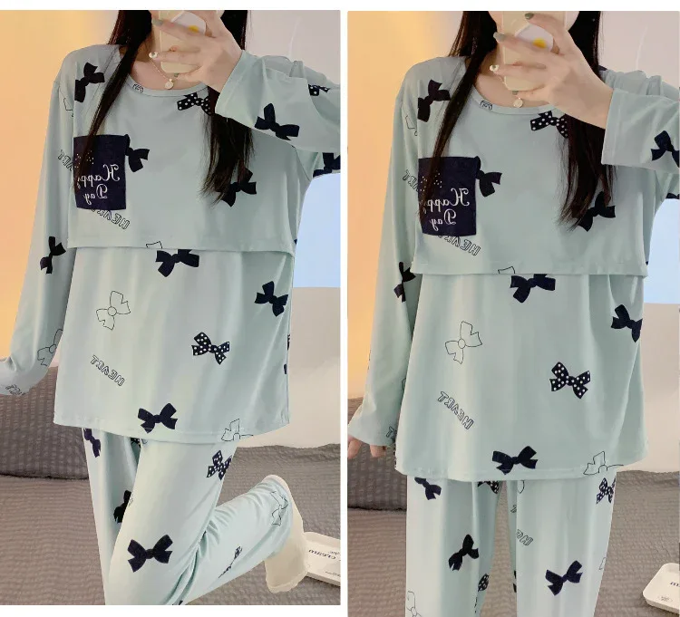 Women Nursing Pyjamas Homewear Spring Autumn Maternity Pajamas Set Cute Breastfeeding Clothes Long-sleeved Pregnancy Sleepwear