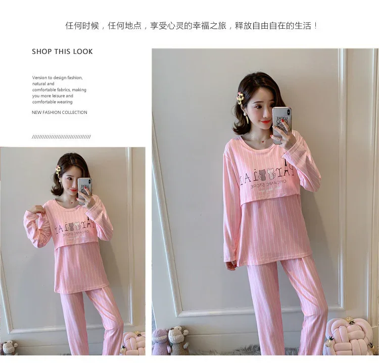 Women Nursing Pyjamas Homewear Spring Autumn Maternity Pajamas Set Cute Breastfeeding Clothes Long-sleeved Pregnancy Sleepwear
