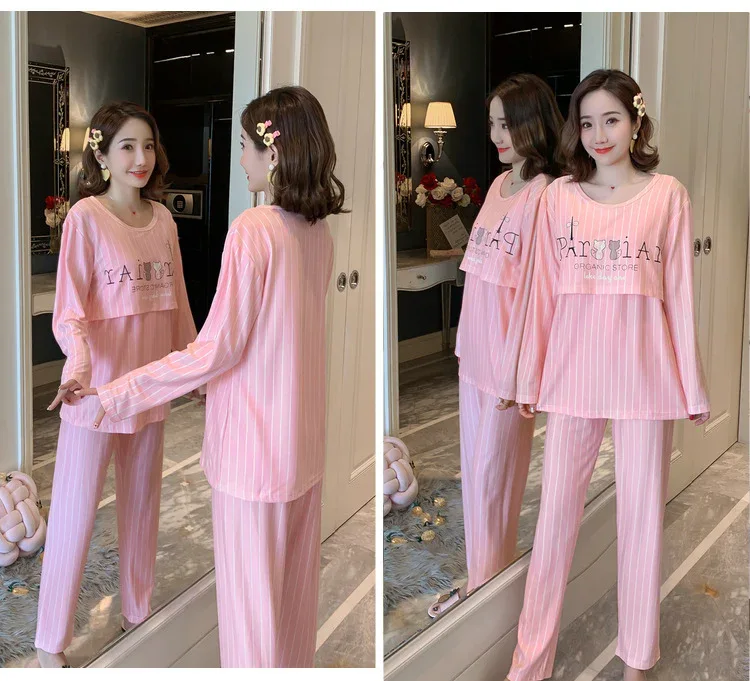 Women Nursing Pyjamas Homewear Spring Autumn Maternity Pajamas Set Cute Breastfeeding Clothes Long-sleeved Pregnancy Sleepwear