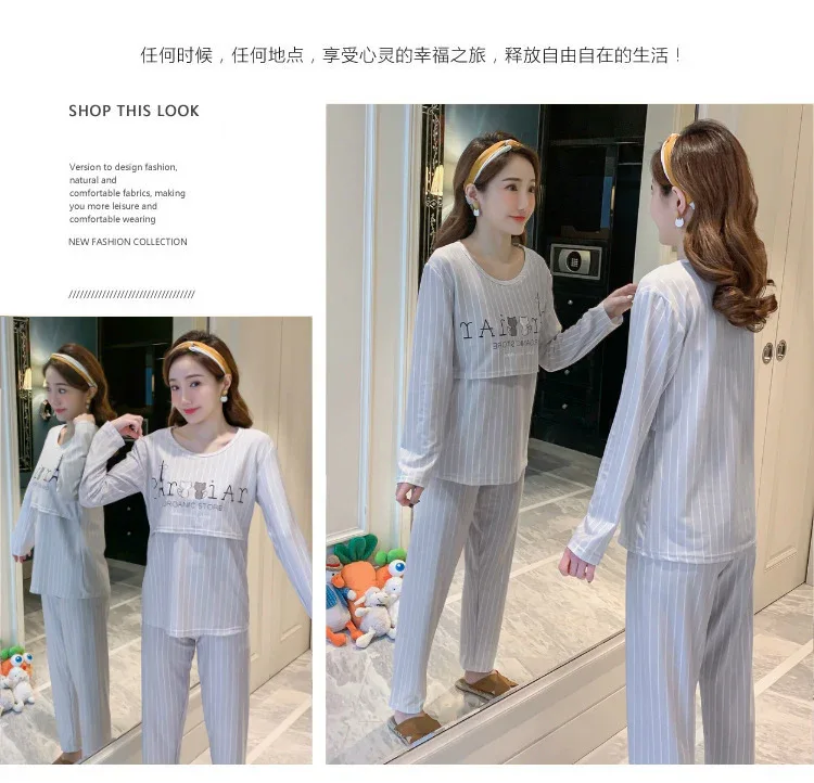 Women Nursing Pyjamas Homewear Spring Autumn Maternity Pajamas Set Cute Breastfeeding Clothes Long-sleeved Pregnancy Sleepwear