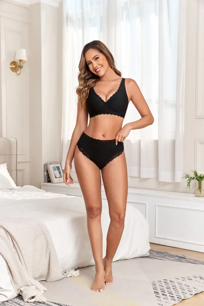4Pcs/Set Seamless Cotton Brazilian Pants For Women Elastic High Waist Breathable Underpants Ladies Lace Panties Sexy Lingerie